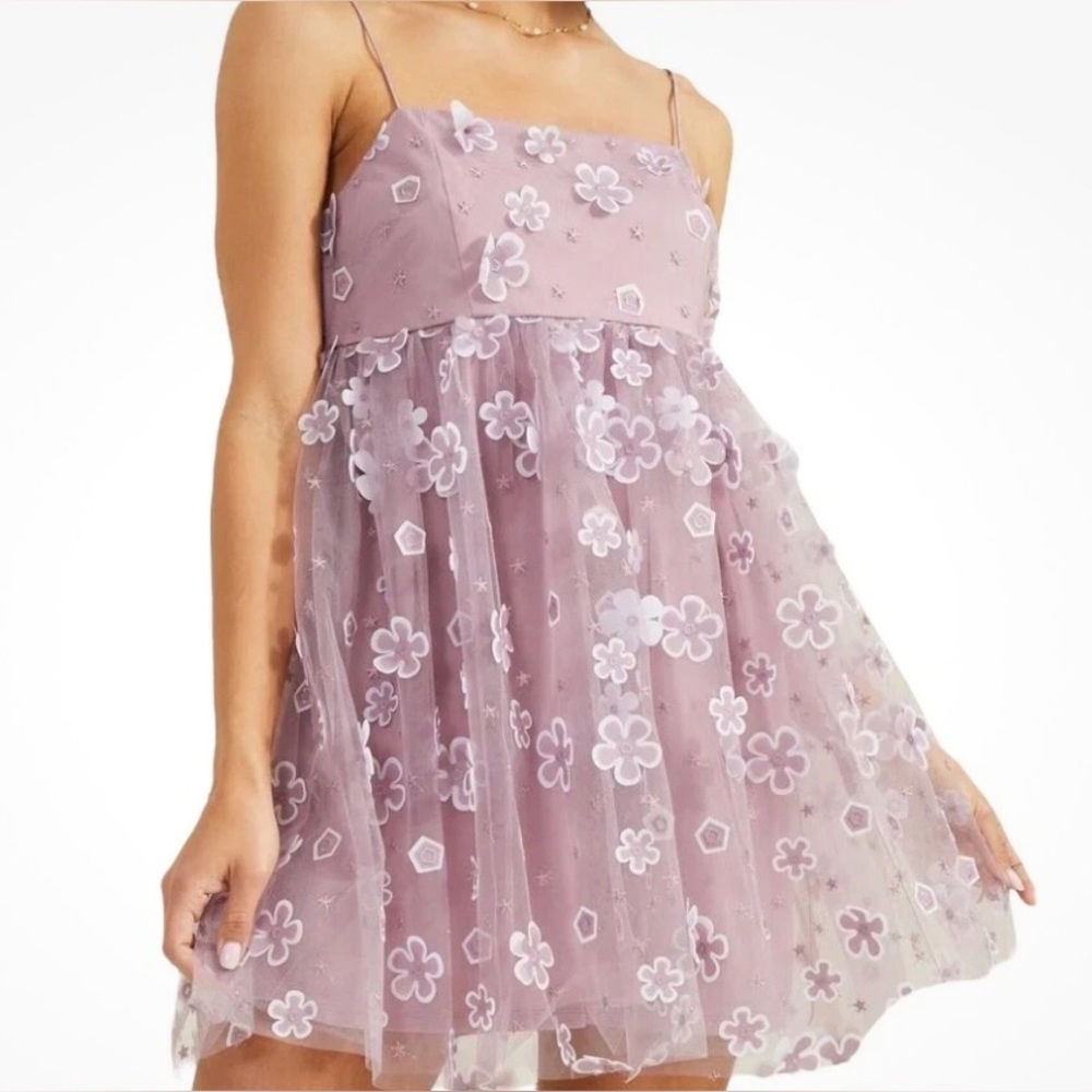 TRIXXI Floral Short Mini Mesh Tulle Babydoll Dress Juniors,Lilac - Size S - NWOT